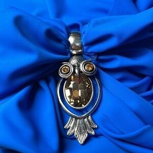 OWL Bird Silver Tone Yellow Rhinestones Scarf Enhancer or Necklace Pendant